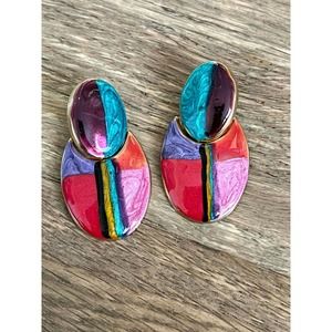 Vintage Dangle Pierced Ear Gold Retro Earrings Metallic Paint Mod 60s 80s